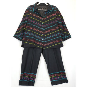 Silkland Jacket Pants 2 Pc Silk Colored Embroidered Sequin Black Women 16W Artsy